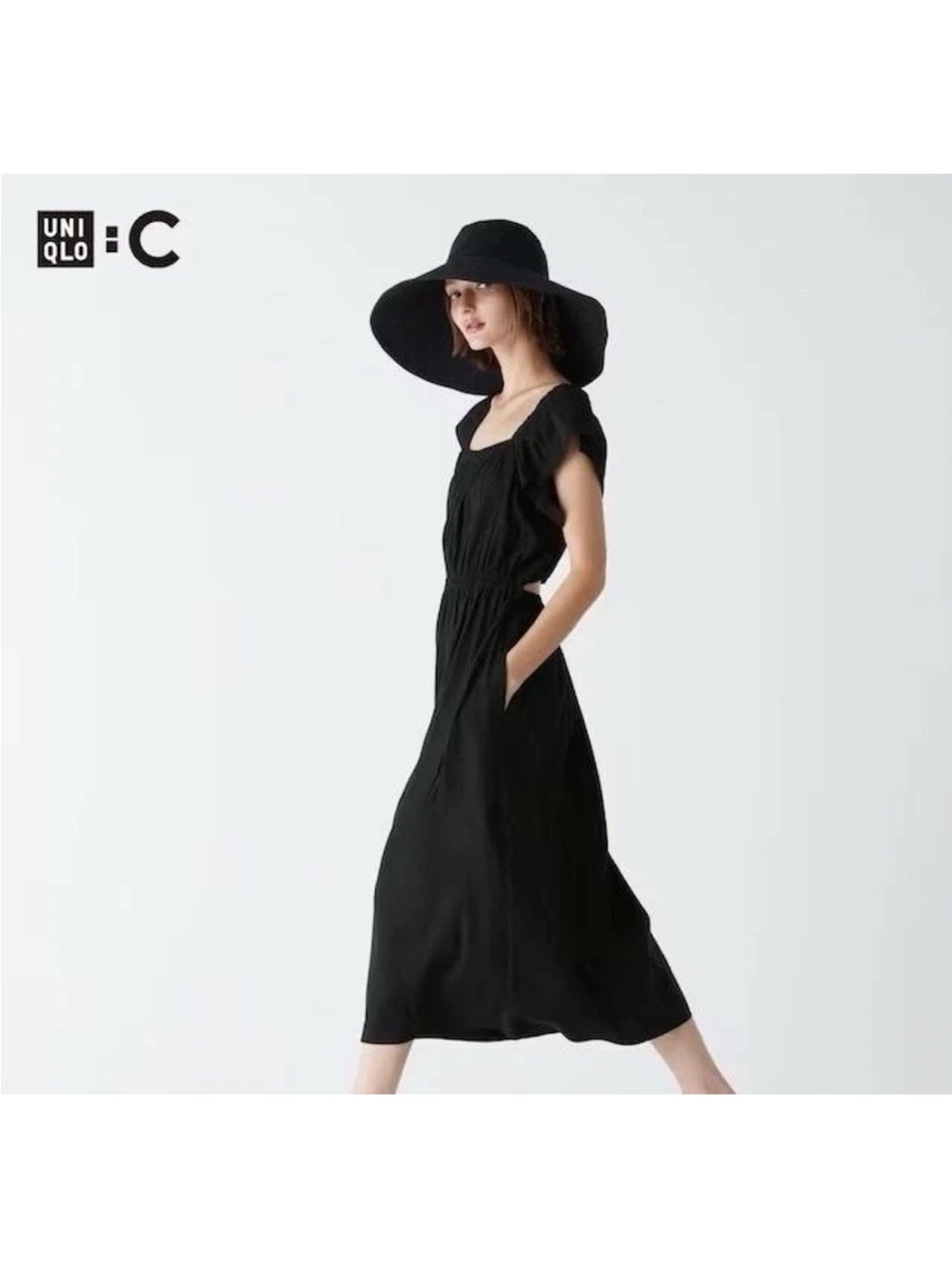 UNIQLO C Black Maxi Dress with Elastic Waist and Flutter Sleeves